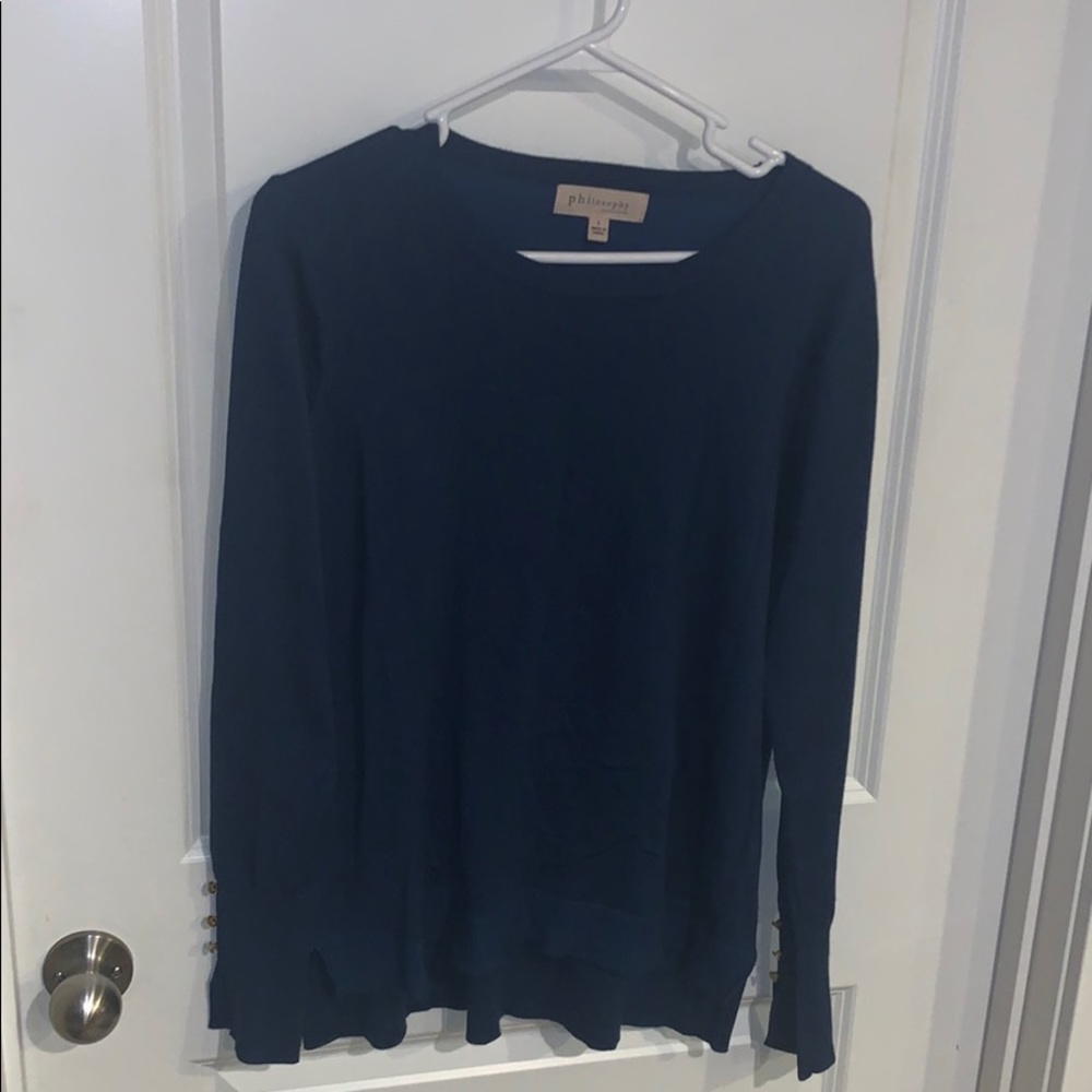 Blue Philosophy Sweater with button detail on arms
